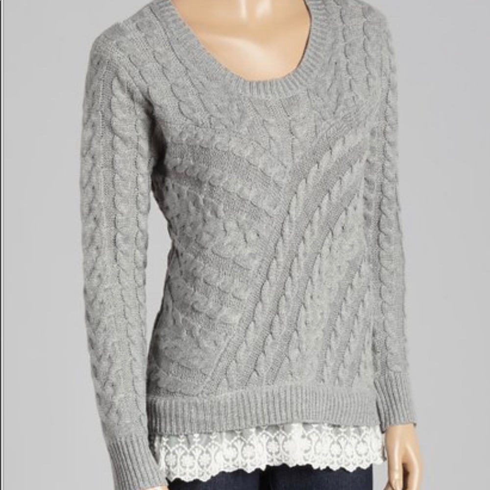 Monteau Lace Hem Cable Knit Sweater